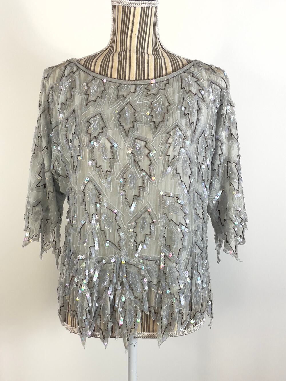 Vintage Scala Gray Sequined Beaded Cocktail Party Pullover Top Size Medium